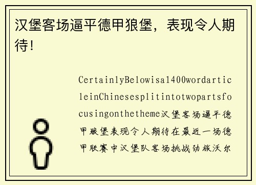 汉堡客场逼平德甲狼堡，表现令人期待！